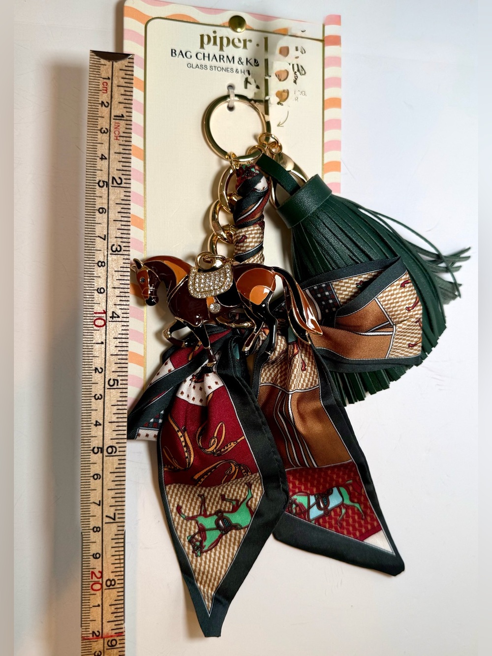 * Piper K Dark Green Tassel & Brown Horse Scarf Keychain Bag Charm